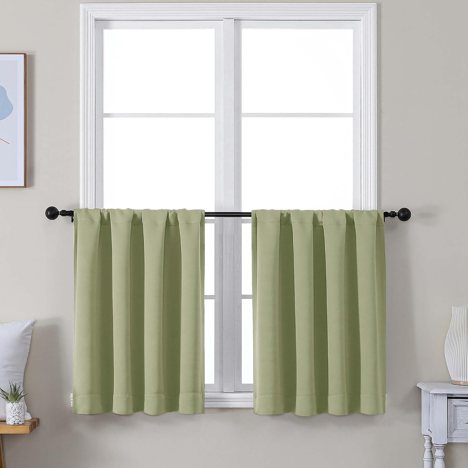 Simplebrand Ava Sage Green Short 30 Inches Blackout Curtain 2 Panels Set, Half Window Rod Pocket Privacy Curtain Tiers for Kitchen, Curtain…