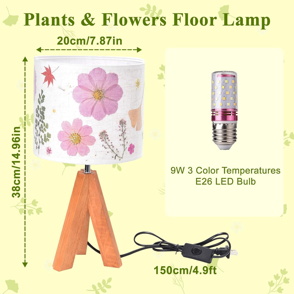 Dried Flowers Tripod Table Lamp 14.96in, 9W LED 3-Color Cute Bedside Lamp with Flowers Linen Lampshade for Nursery, Bedroom, Kid Room…