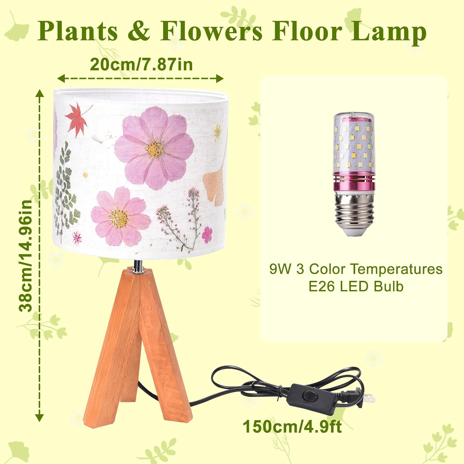 Dried Flowers Tripod Table Lamp 14.96in, 9W LED 3-Color Cute Bedside Lamp with Flowers Linen Lampshade for Nursery, Bedroom, Kid Room…