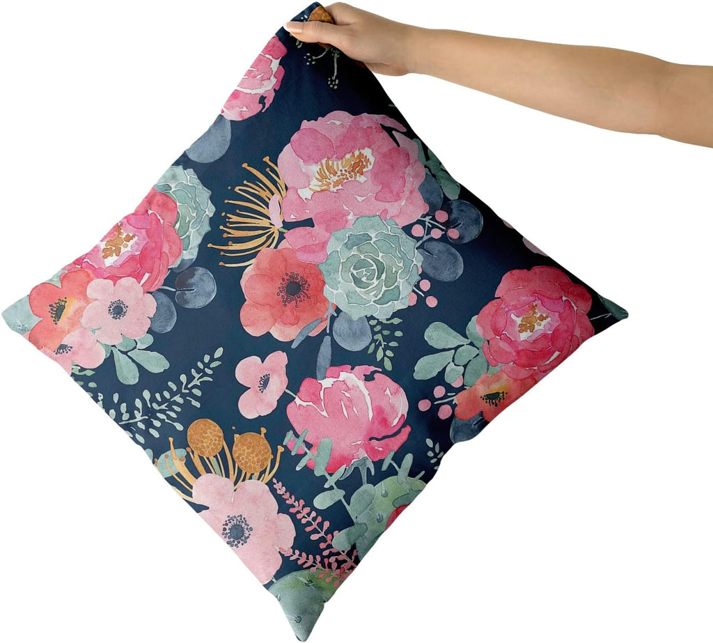 Granbey Watercolor Flower Throw Pillow Cover 24x24 Inch Pink Peony Floral with Green Leaf Decorative Pillow Cases Summer Navy Blue Cushion…