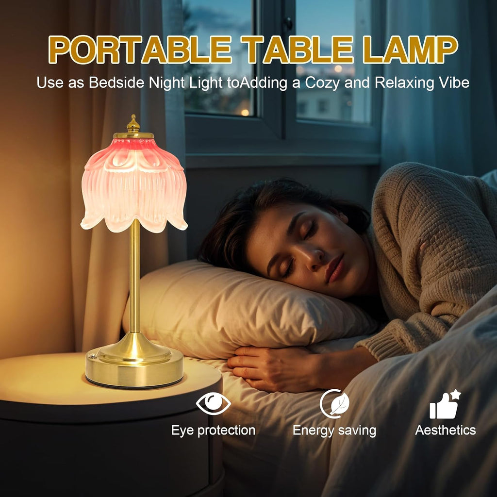 Crkwos Cordless Lotus Flower Table Lamp, 5200mAh Rechargeable Battery Operated Portable Lamp, 3-Color Dimmable Touch Control Small D…