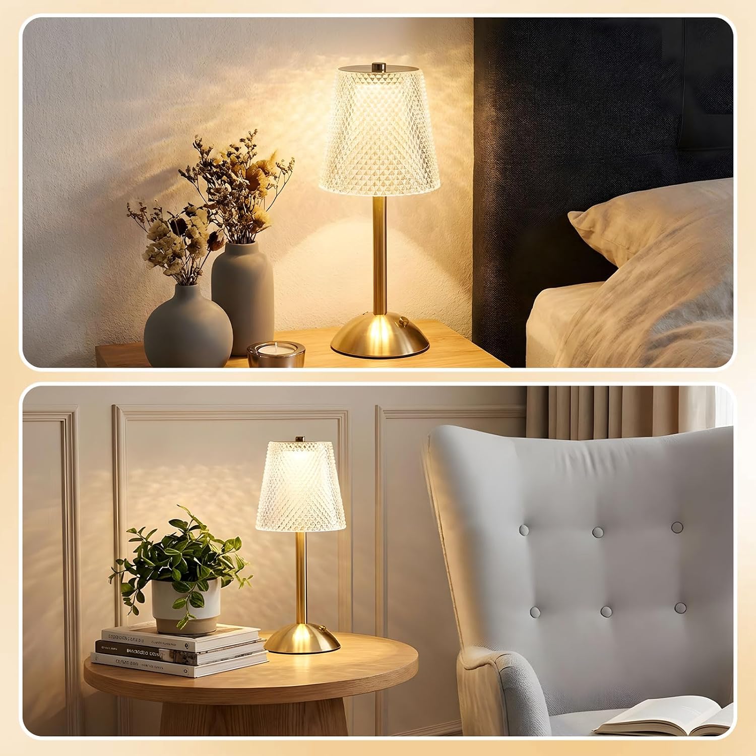 Liliful 2 Pcs Cordless Table Lamp Rechargeable Touch LED Small Gold Portable Battery Operated USB-c Desk Lamp 3 Color Dimmable for…
