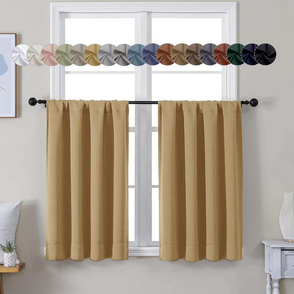Simplebrand Ava Gold Short 36 Inches Blackout Curtain 2 Panels Set, Half Window Rod Pocket Privacy Curtain Tiers for Kitchen, Curtains Blac…