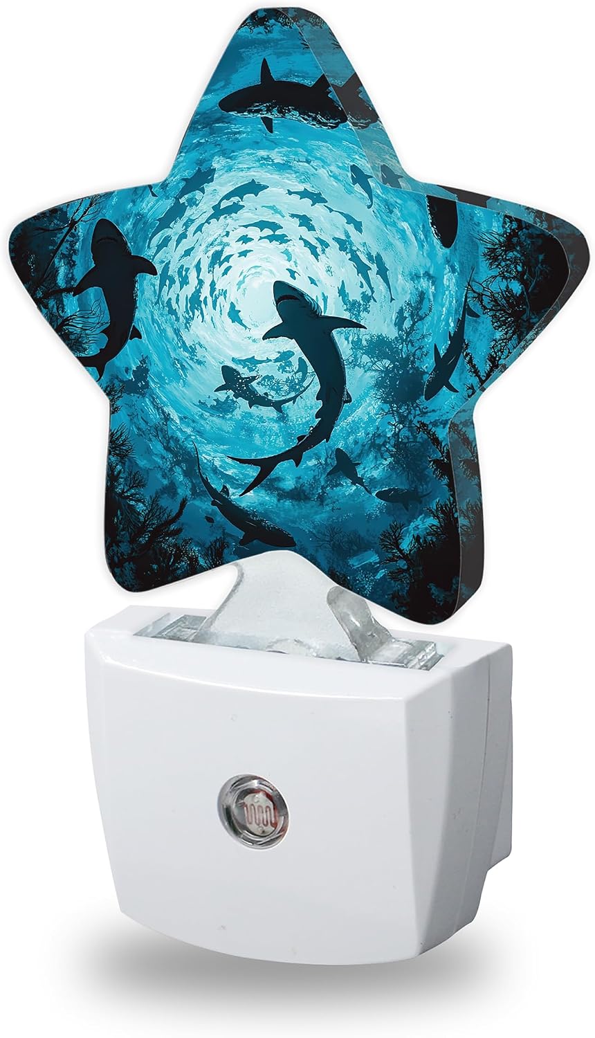 Sharks Swimming Decorative Nightlight Plug in Wall, Deep Blue Sea Star Shaped Night Light with Built in Sensor for Home Decor, Kitchen…