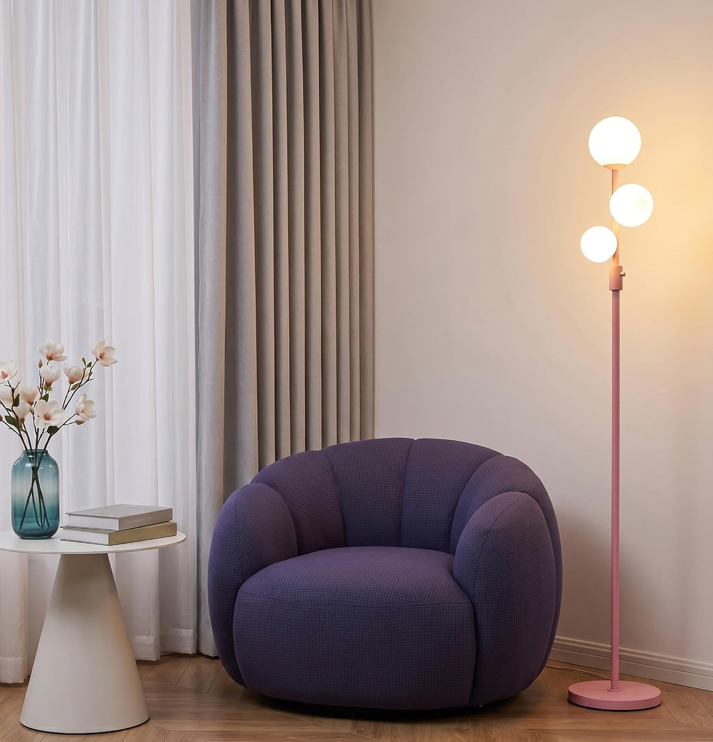 Fiqevs Modern Pink Globe Floor Lamp with Frosted Glass Shade and LED Bulbs, Dimmable Elegant Standing Lamp with Foot Pedal, Tall Pole Lamp…