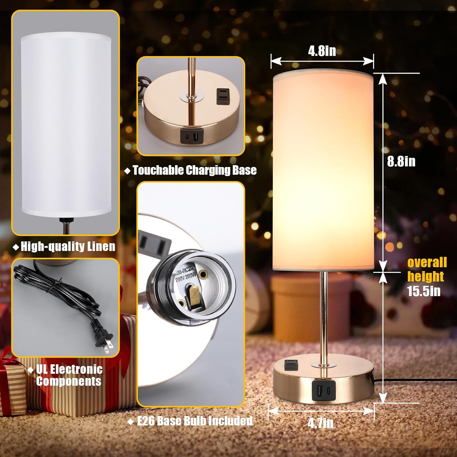 Gold Table Lamp with USB Port - Touch Lamp Desk Lamp, Bedside Lamps for Bedroom, 3 Way Dimmable Small Lamps for Living Room, Dorm, Home…