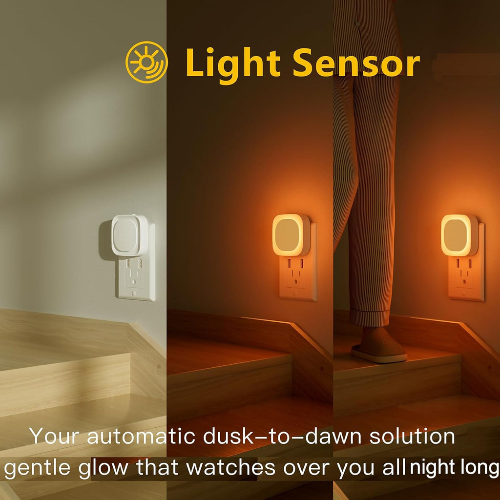 YUNLEX 2 Pack Amber Night Light, Dusk to Dawn Sensor, Warm Glare-Free Reflected Glow, 3-Level Dimmer, Auto On/Off, Plug-in LED Nightlight…