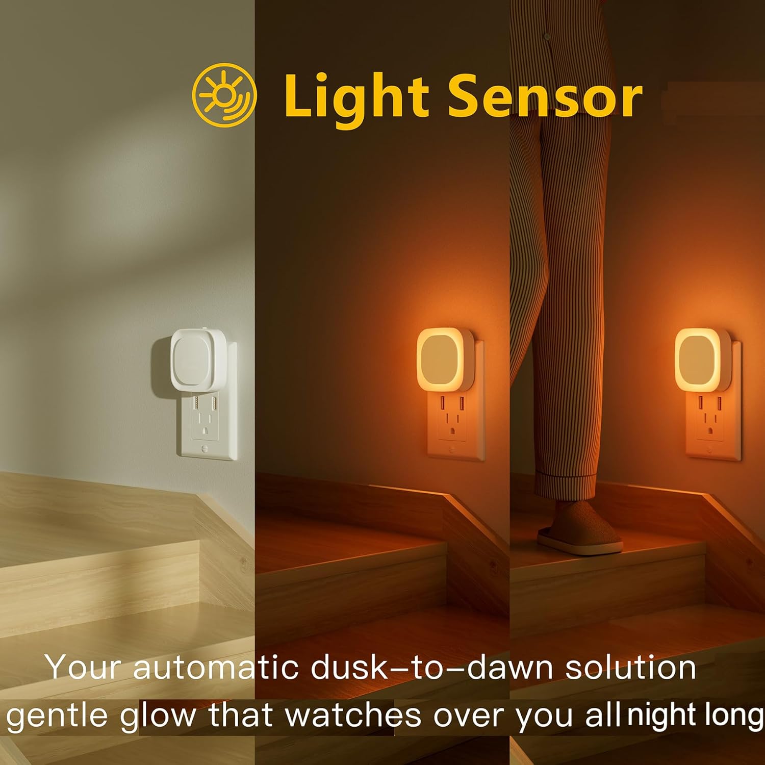 YUNLEX 2 Pack Amber Night Light, Dusk to Dawn Sensor, Warm Glare-Free Reflected Glow, 3-Level Dimmer, Auto On/Off, Plug-in LED Nightlight…