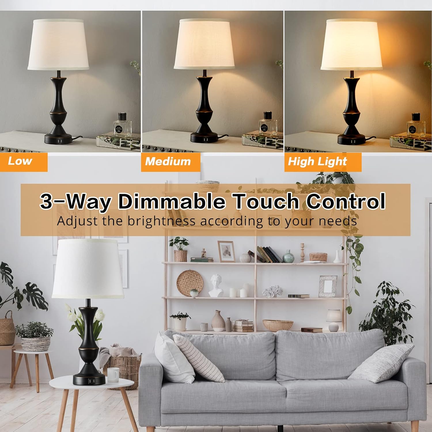 Luvkczc Touch Table Lamps Set of 2, 22" Tall Bedside Lamps with USB C+A Ports, Dimmable Nightstand Lamps, Table lamp for Bedrooms, Living…