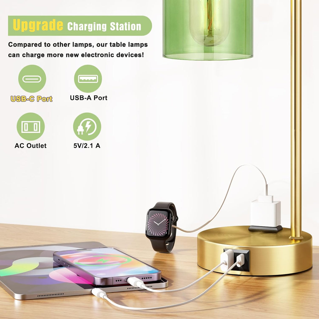 Innqoo Industrial Green Table Lamps for Bedrooms Set of 2-3-Way Dimmable Desk Lamp with USB C+A Ports and Outlet, Gold Lamps with Green…