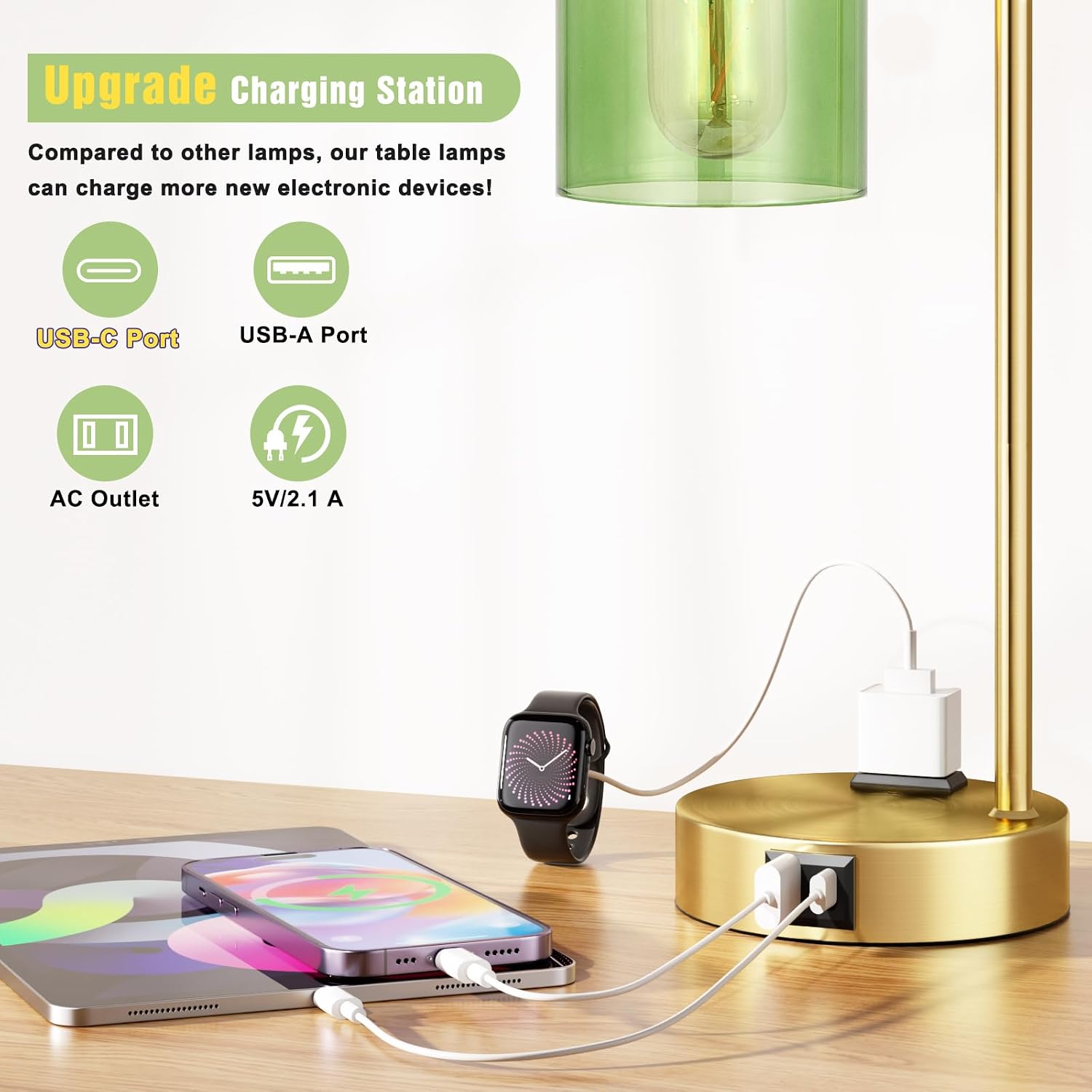 Innqoo Industrial Green Table Lamps for Bedrooms Set of 2-3-Way Dimmable Desk Lamp with USB C+A Ports and Outlet, Gold Lamps with Green…