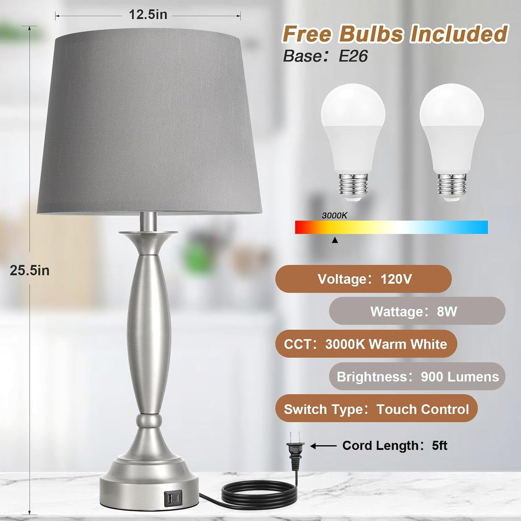 Seealle 25.5" Touch Bedside Lamps for Nightstand Set of 2 - Bedroom Lamps with USB C+A, 3 Way Dimmable Nightstand Lamps, Brushed Nickel…