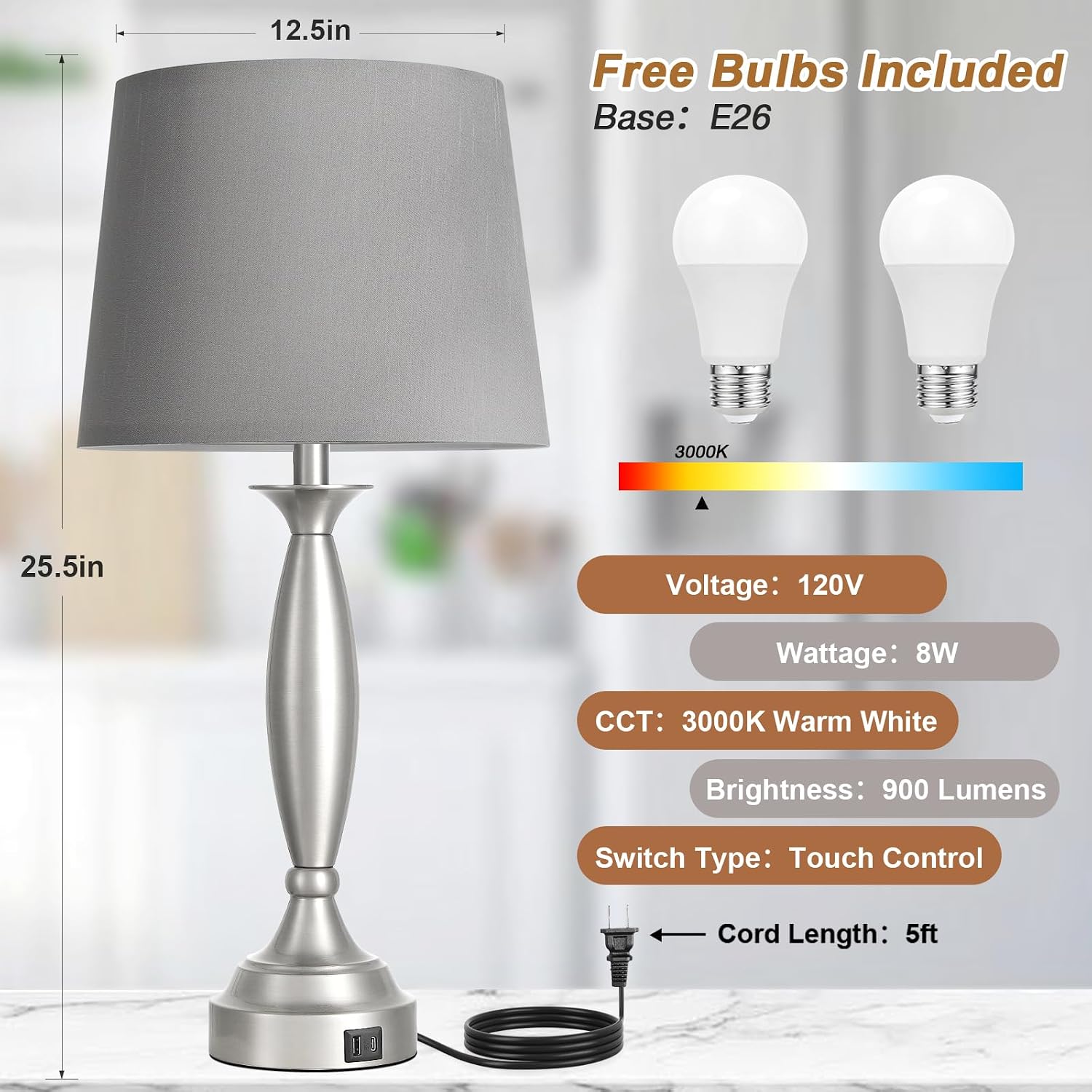 Seealle 25.5" Touch Bedside Lamps for Nightstand Set of 2 - Bedroom Lamps with USB C+A, 3 Way Dimmable Nightstand Lamps, Brushed Nickel…