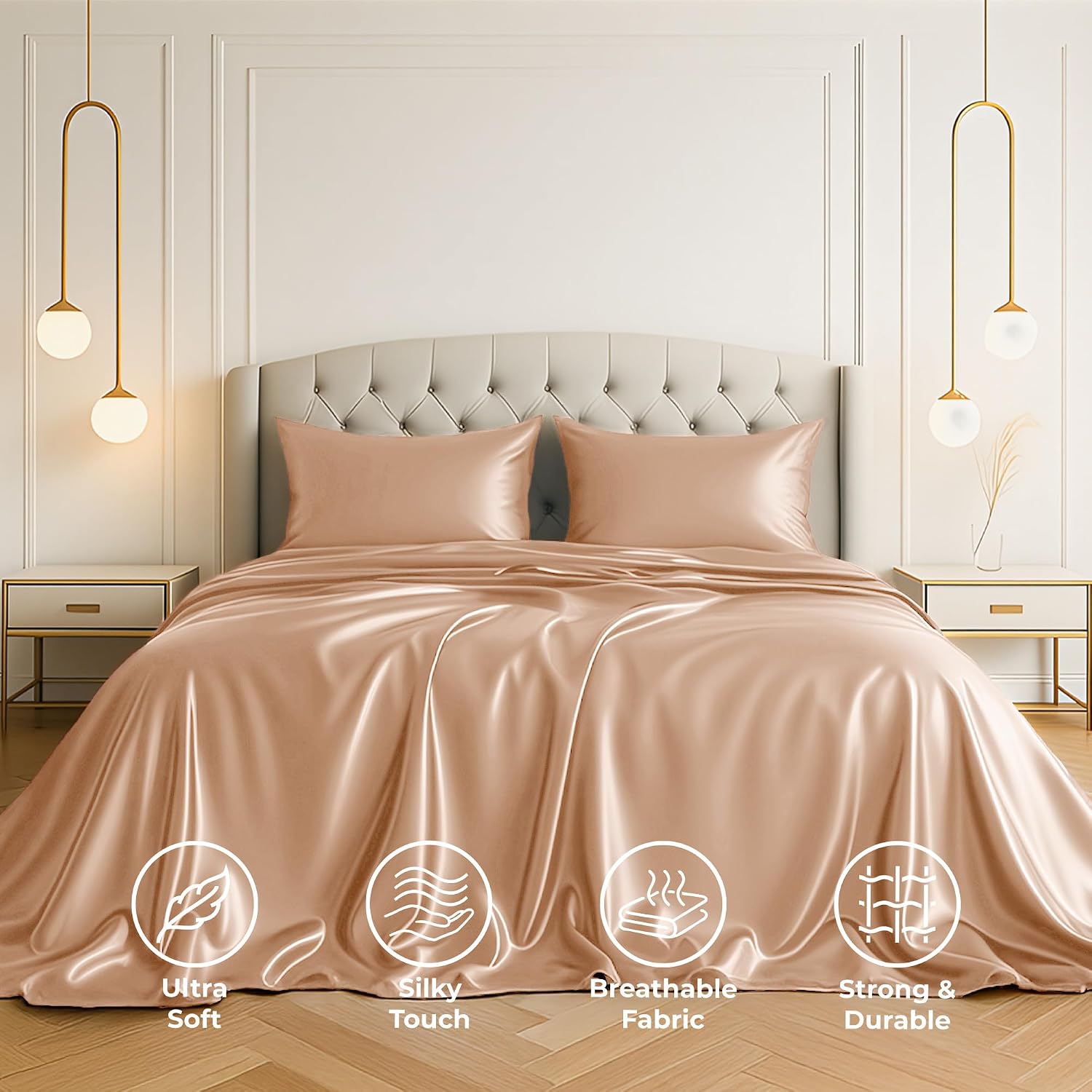 PureBedding Satin Sheets Twin [3-Piece, Rose Gold] Hotel Luxury Silky Bed Sheets - Extra Soft 1800 Microfiber Sheet Set, Wrinkle, Fade, Sta…