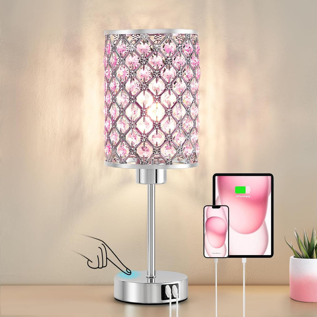 GyroVu Crystal Table Lamp, Pink Touch Lamp with USB C+A Ports, Dimmable Lamp with Crystal Shade, Bedside Lamp Small Lamp for Girl…
