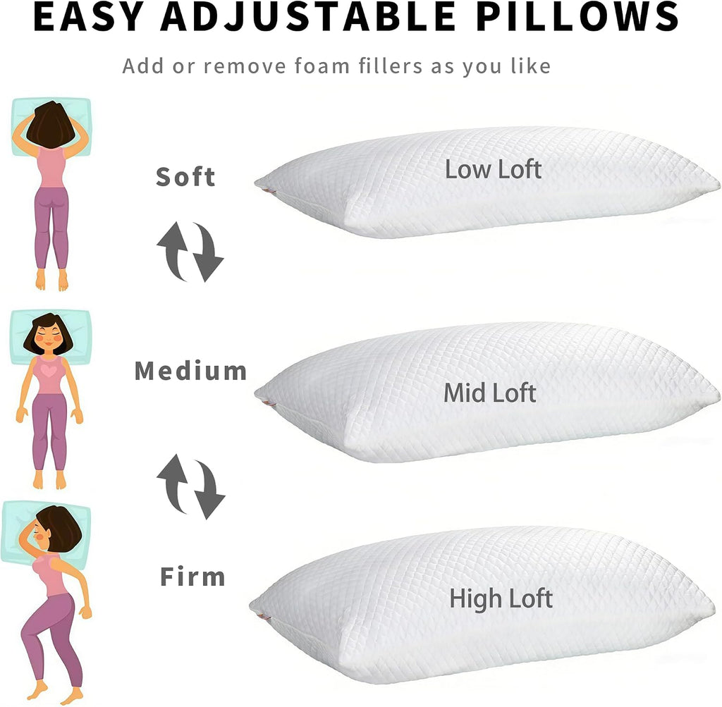 Cooling Pillow for Sleeping King Size Set of 2, Shredded Memory Foam Pillows Adjustable Firm Bed Pillow with Zipper, Cool Pillow for Hot…