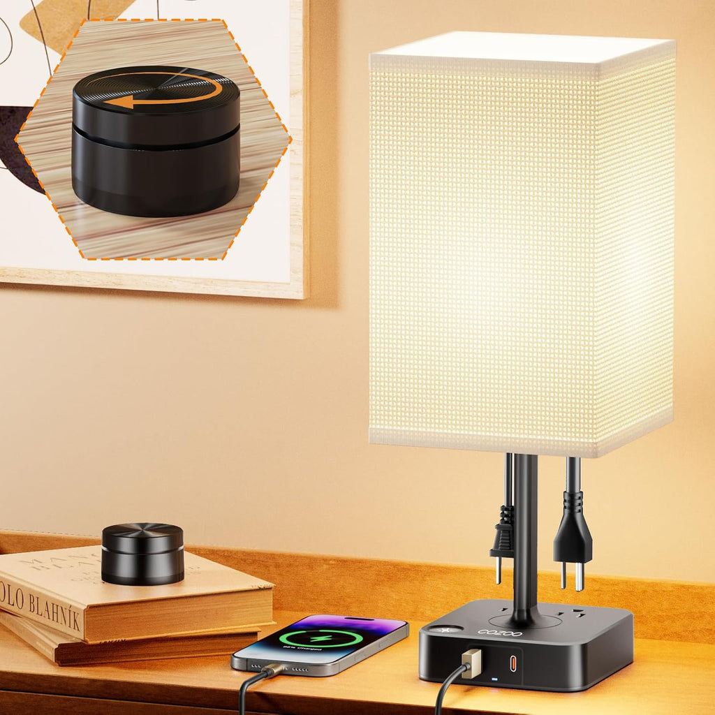 Remote Control Bedside Lamp with USB-C & USB-A Charging Ports, 2 AC Outlets, Stepless Dimming Nightstand Lamp for Bedroom- Touch & Remote…