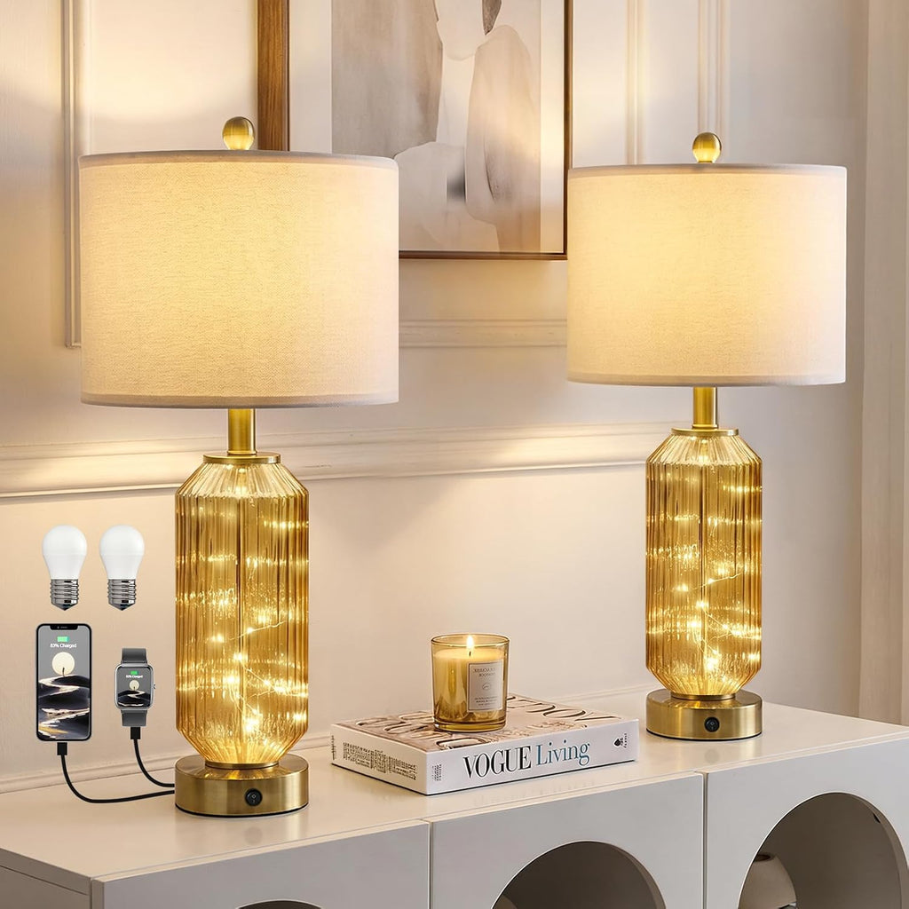 Oneach 24.5" Bedside Table Lamps Set of 2, Amber Glass Nightstand Lamps with USB A+C Charging Ports and Night Light, Gold Modern Lamps…