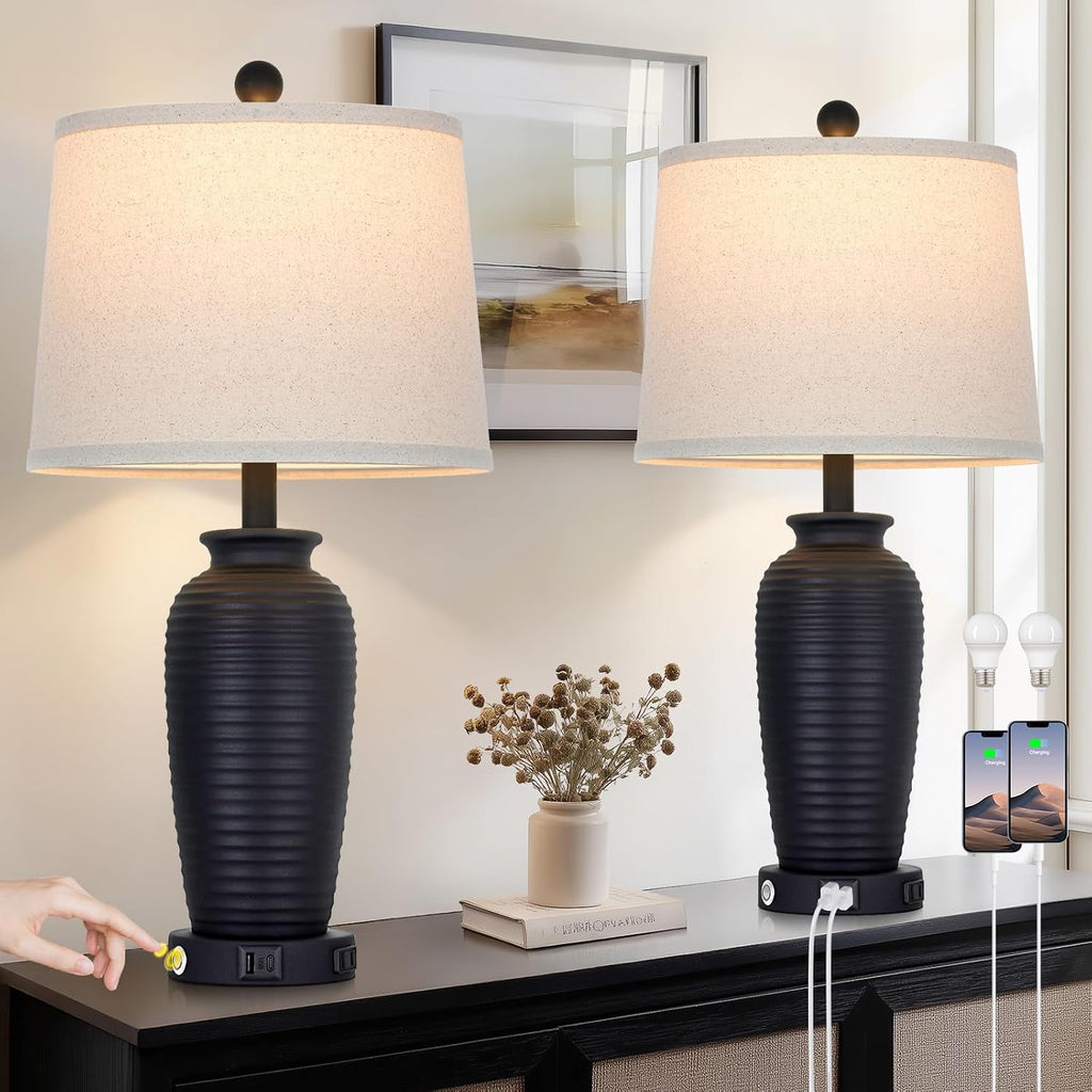 CINSARY 25" Retro Black Farmhouse Jar Table Lamps Set of 2, 3 Way Touch Control Rustic Bedside Lamps with USB A+C Ports & AC Outlet, Pot…