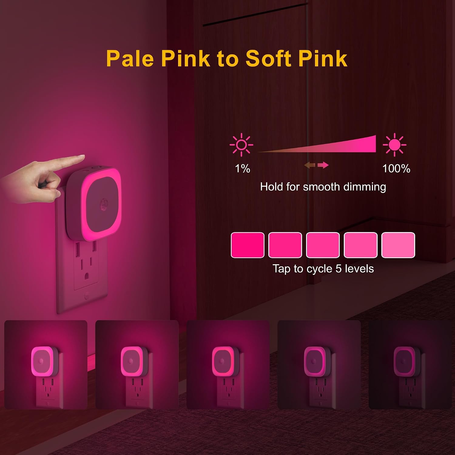 YUNLEX 2 Pack Plug in Night Light with Motion Sensor & Dusk to Dawn Sensor, Soft Pink Glow for Bedroom, Hallway, Girls Room, 3 Sensor…