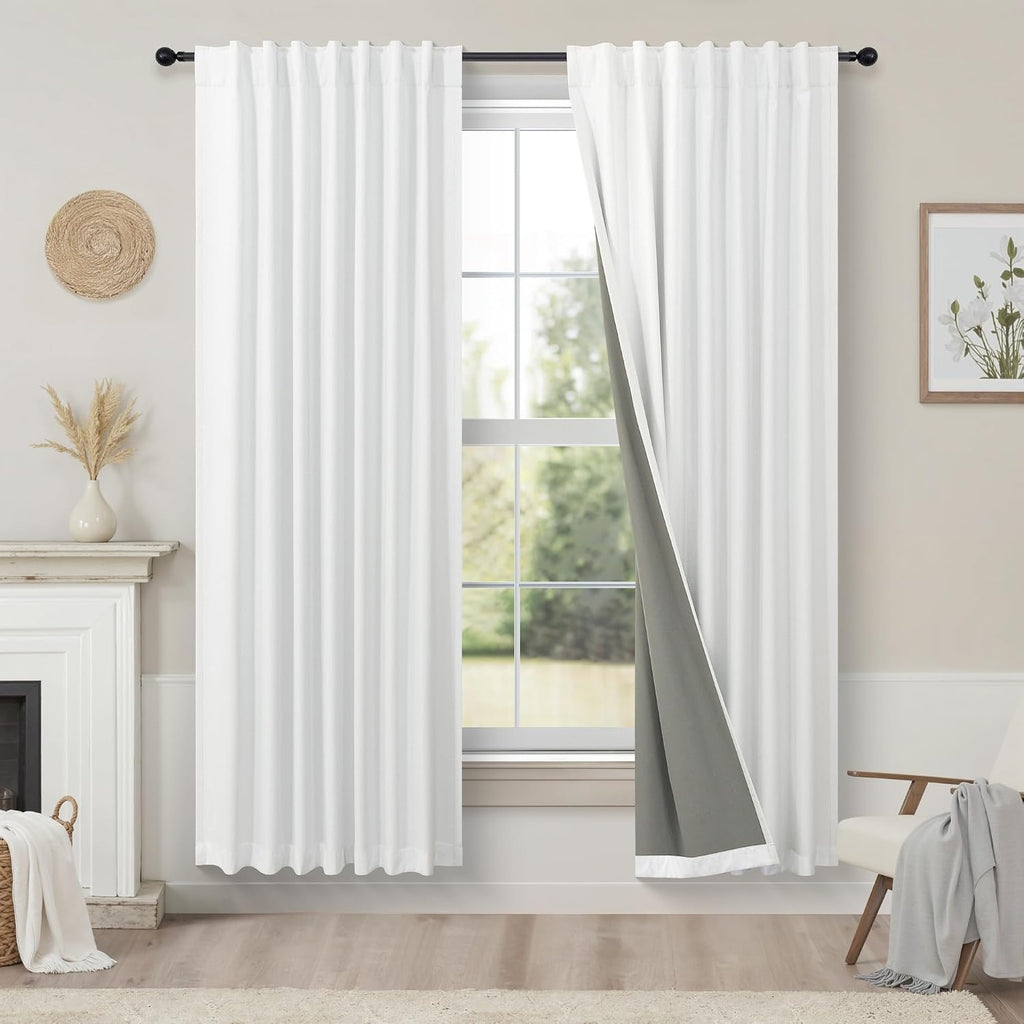 Pitalk Black Out Curtains 63 Inch Long Small White Blackout Energy Saving Dining Room Darkening Curtain for Nursery Office Shabby Chic Faux…