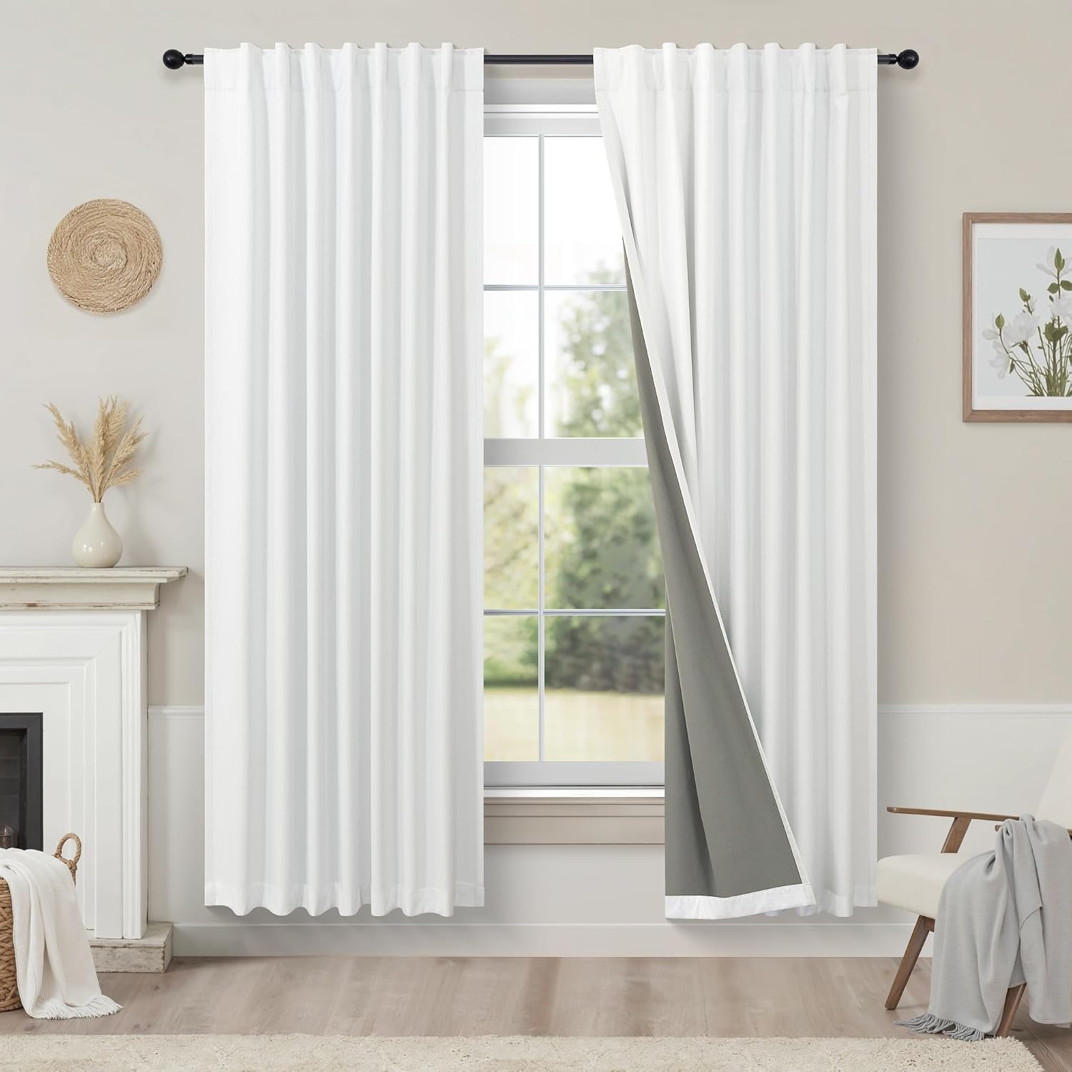 Pitalk Black Out Curtains 63 Inch Long Small White Blackout Energy Saving Dining Room Darkening Curtain for Nursery Office Shabby Chic Faux…