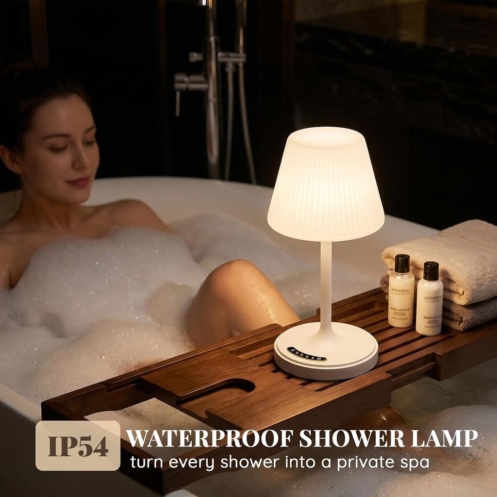 Audles Bathroom Lamp Waterproof Shower Light, Rechargeable Cordless Table Lamp with 4000mAh Battery, 3 Color Modes Touch Dimmable, Small Ni…