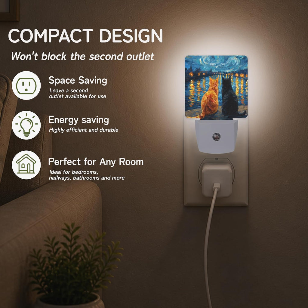 Starry Night Cats Night Lights Plug into Wall, Night Light with Dusk to Dawn Sensor for Bedroom Bathroom Kitchen Hallway Stairs…