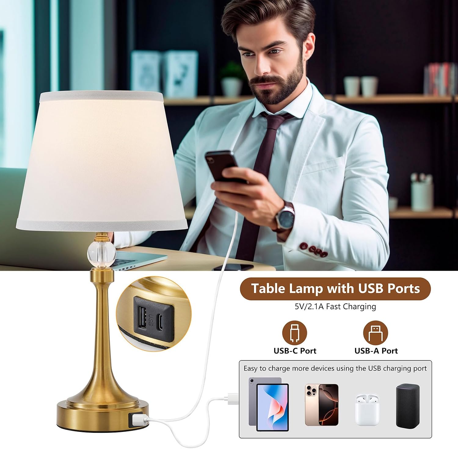 19.7'' Touch Table Lamps for Living Room, Small Lamp for Bedroom with USB C+A Ports, Dimmable Touch Lamps Set of 2, Reading Desk Lamp for…