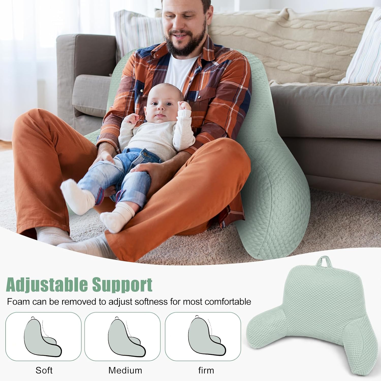 Reading Pillow, Ice Silk Bean Back Support Pillow for Bed Sitting Up, Large Bed Rest Pillow with Arms for Adults, Back Support for Couch…
