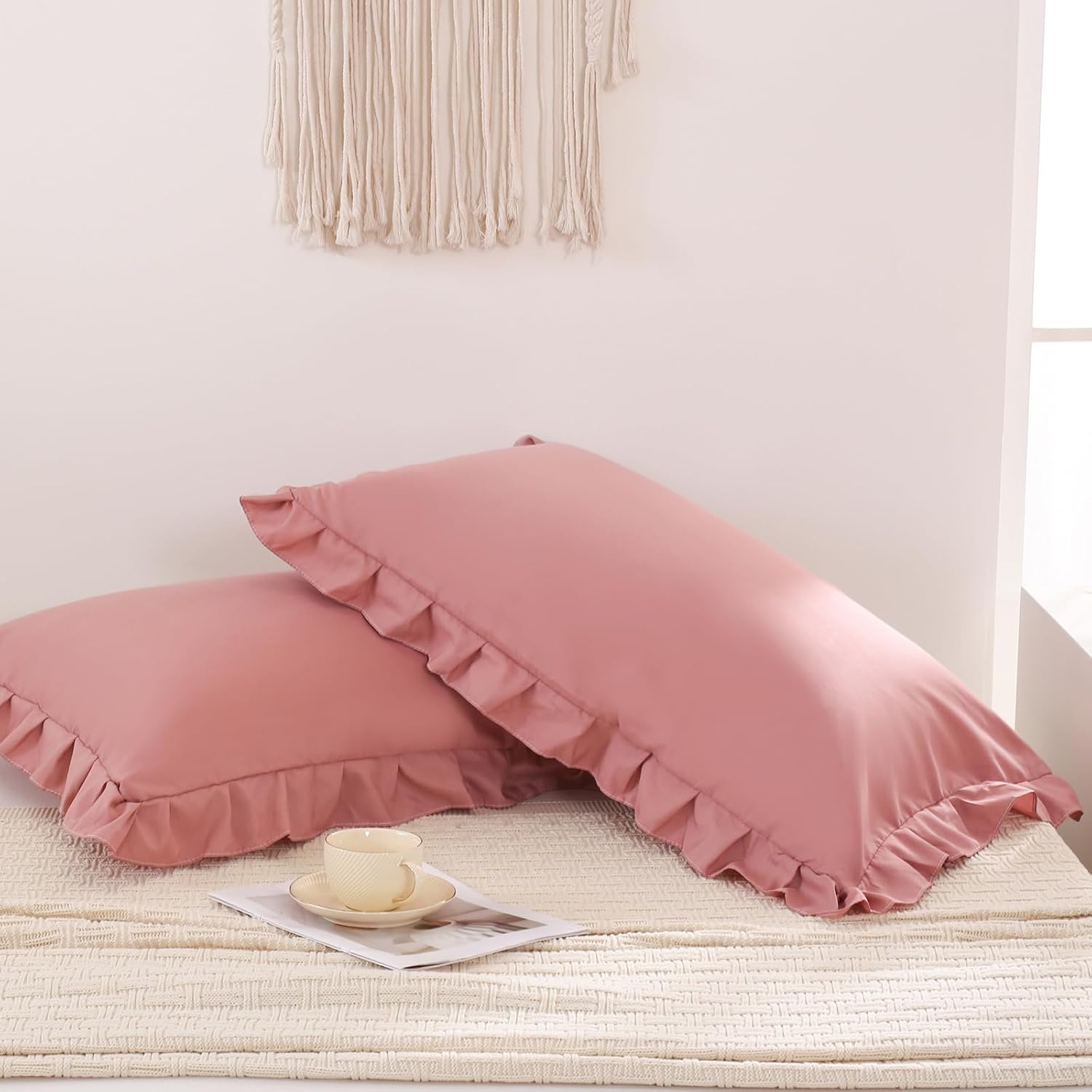 Merryword Pink Mocha Pillowcases King Pillowcases Ruffled Pillow Shams Set of 2 Cute Pillowcases Solid Ruffled Fringe Design Pink Shabby Ch…