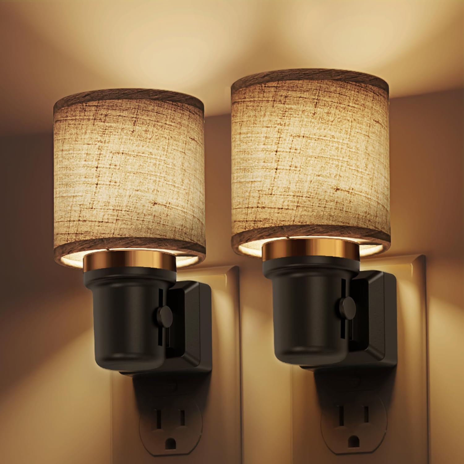 L LOHAS LED Night Lights Plug into Wall, 2 Pack Linen Fabric Cylinder Decor Night Light, Dusk to Dawn Sensor Vintage Nightlight, 0-100LM…
