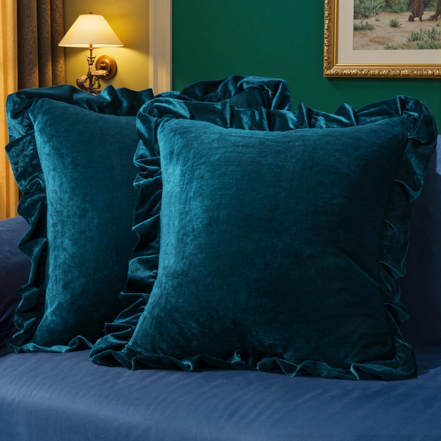 MIULEE Velvet Ruffle Throw Pillow Covers Soft Luxurious Teal Pack of 2 20x20 Inch Square Cushions Vintage Gothic Decorative Ruffled…