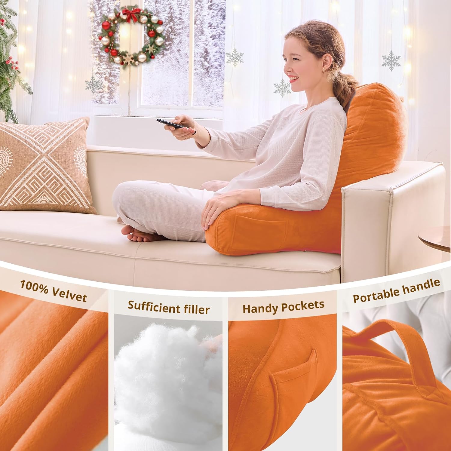 Sasttie Reading Pillow for Bed - 23 Inch, Back Pillow for Bed Sitting Up, Back-Rest Support Cushion with Side Pockets and Arms, Dorm Essent…