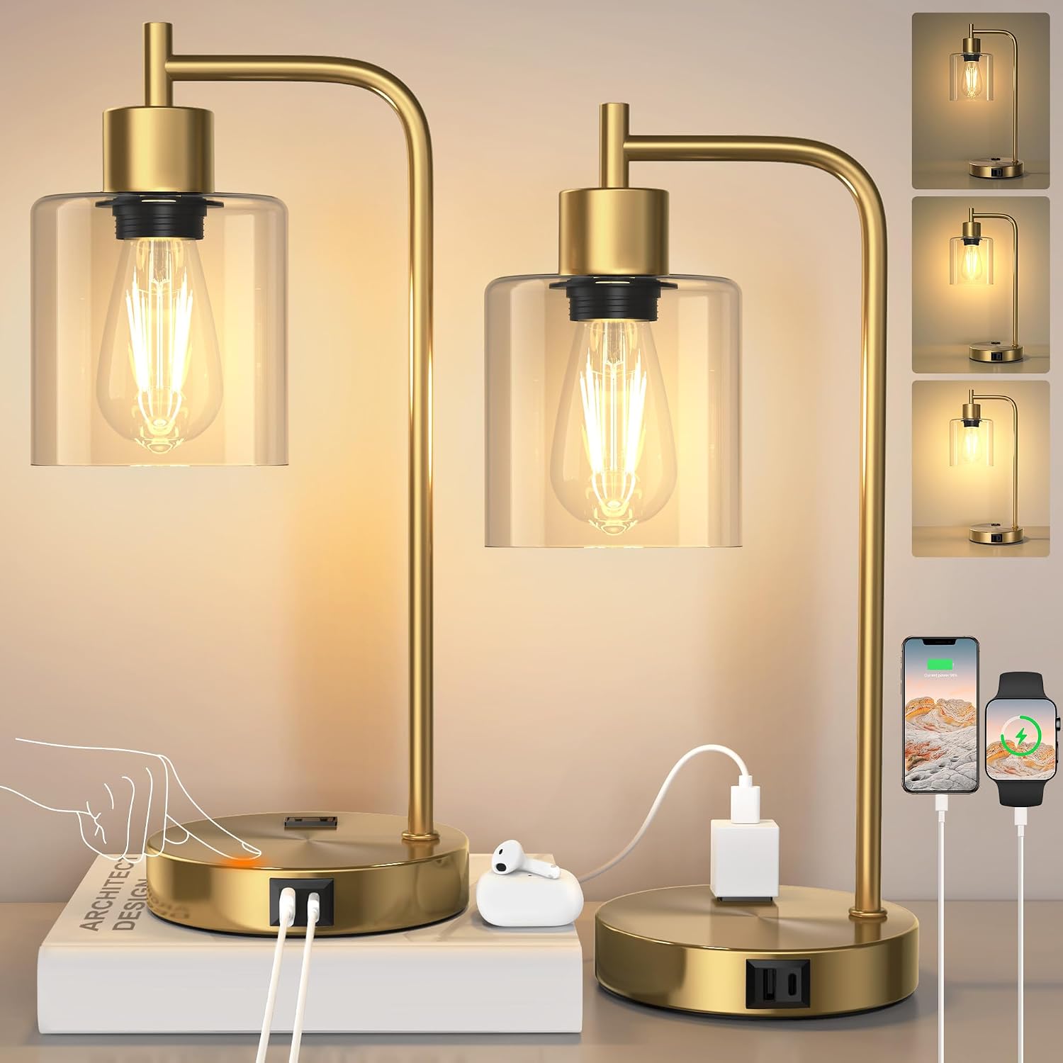 QiMH Set of 2 Industrial Touch Control Table Lamps with 2 USB Ports and 2 AC Outlets, 3-Way Dimmable Bedside Nightstand Reading Lamps…