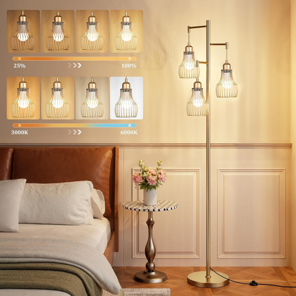 Ziisee Dimmable Gold Floor Lamps for Living Room, Farmhouse Tree Standing Tall Lamp with Remote Control 3 Elegant Cage Shade LED Bulbs…