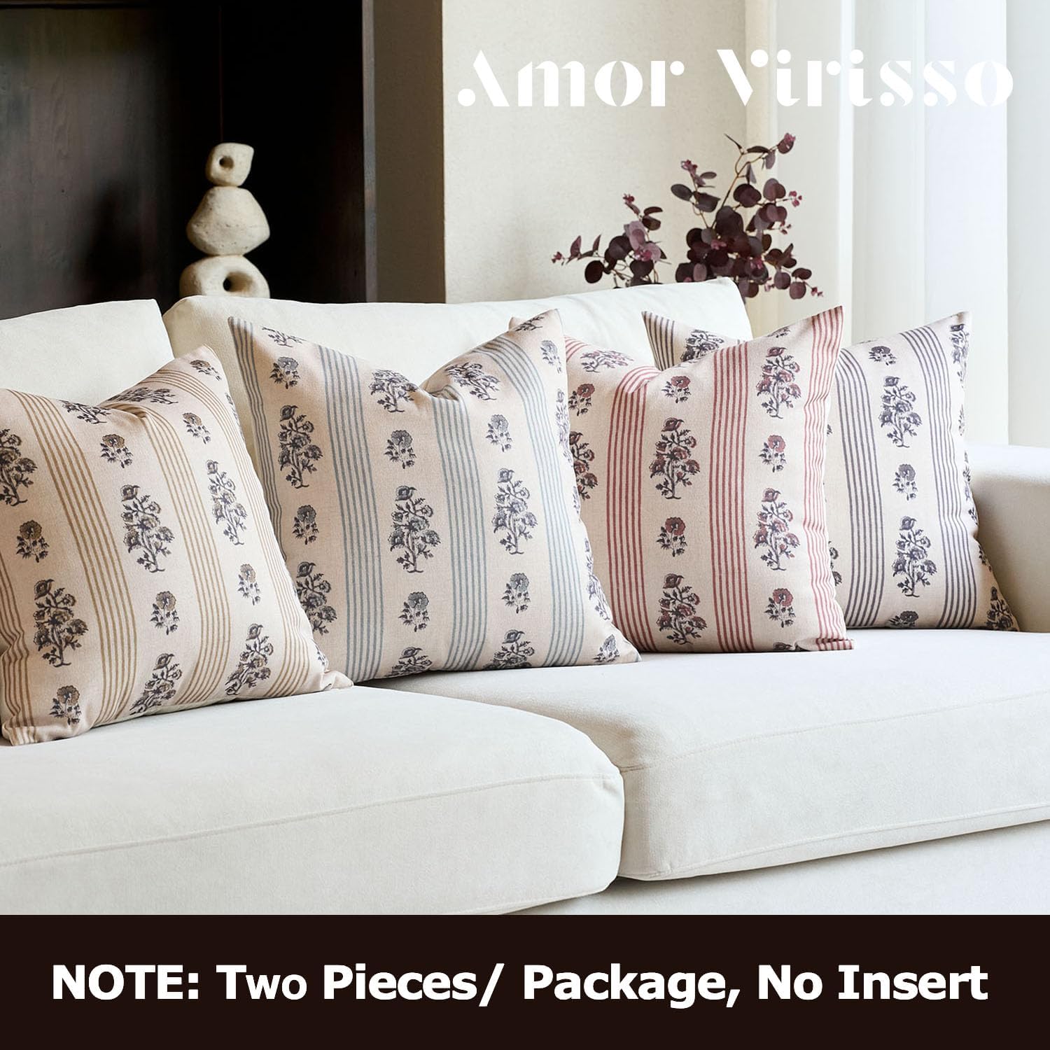 AffordableFloralPrintMaker Amor Virisso Floral Throw Pillow Covers 18x18 Set of 2 Block Print Pillow Covers Neutral Floral Striped Farmhous…
