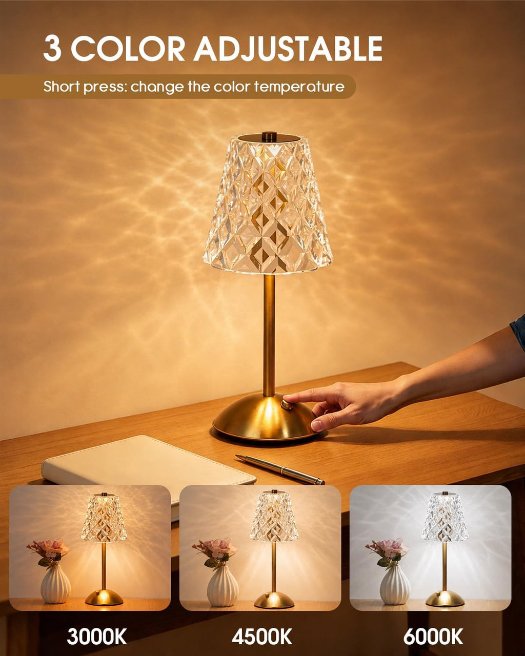 Nusogon Rechargeable Cordless Table Lamp, Touch Control Crystal Desk Lamp with 3500mAh Battery, 3 Color Dimmable LED Small Lamp for…
