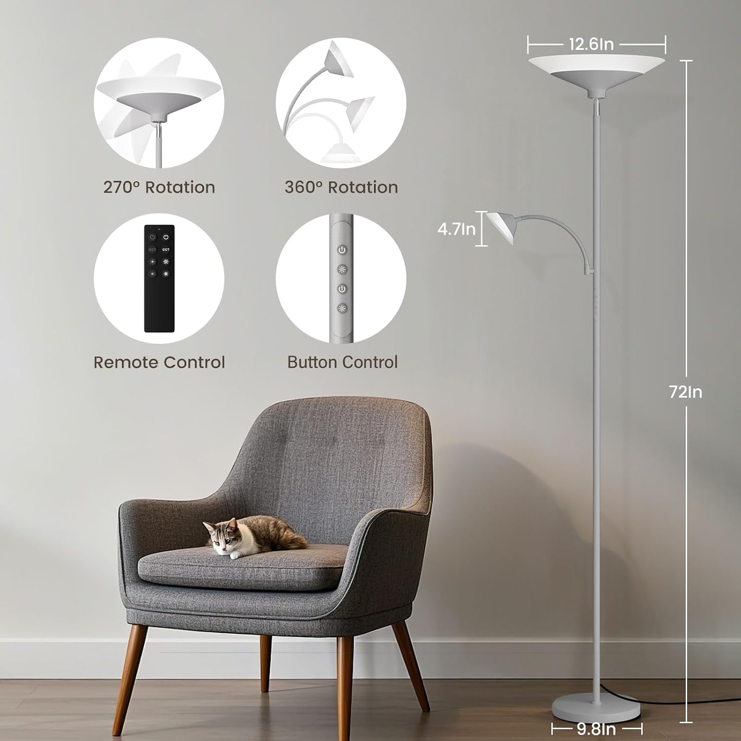 SIBRILLE Sliver Gray Torchiere Floor Lamp with Reading Light, 4 Color Temperatures, Dimmable & Individual Light Control Standing Lamp…