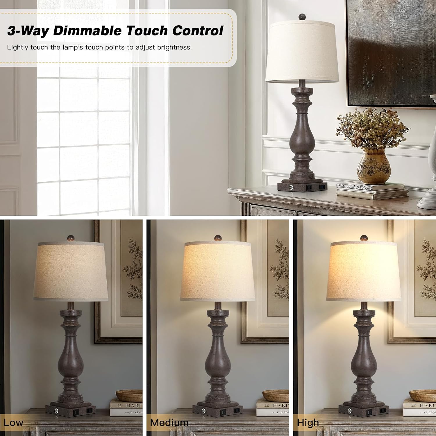 Cinkeda 29" Tall Farmhouse Table Lamp for Living Room Set of 2, Vintage Retro Nightstand Lamps with USB C+A Ports & AC Outlet,3-Way…