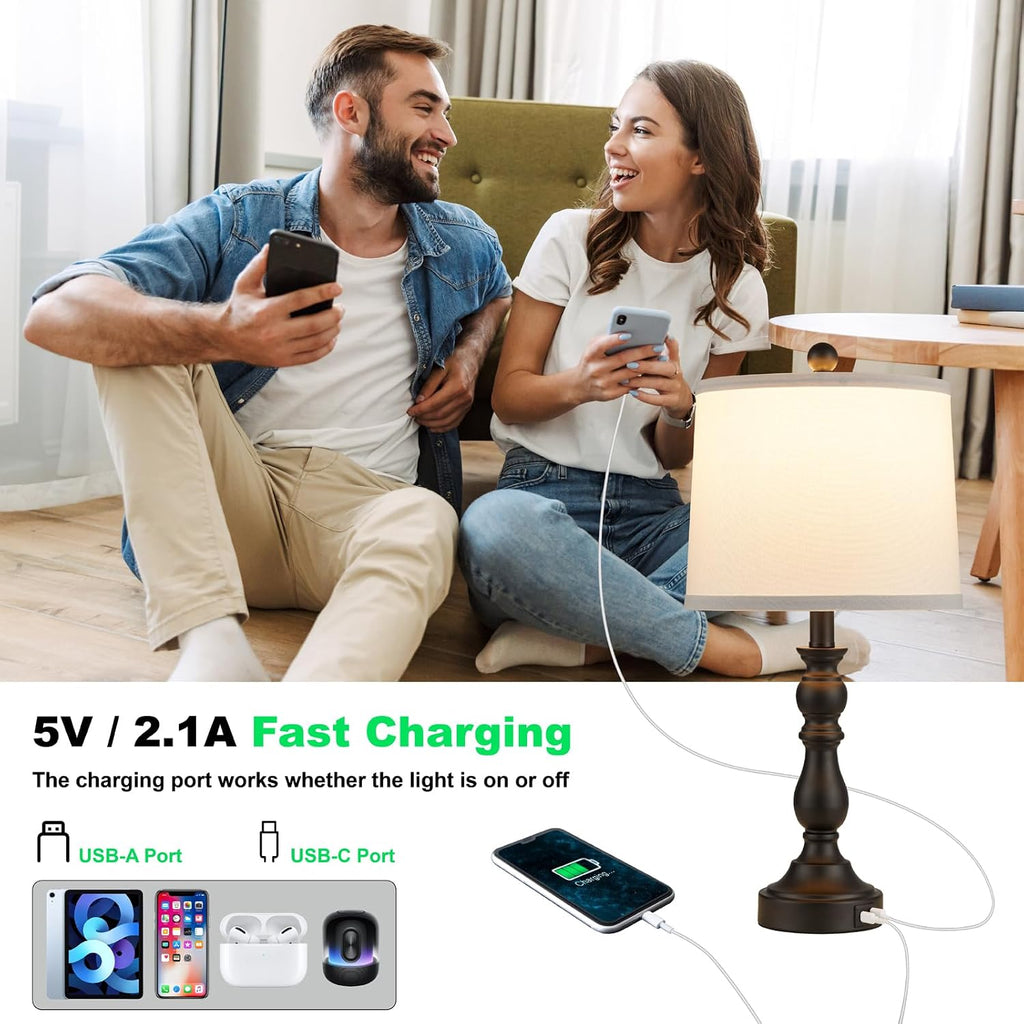 Farmhouse Side Table Lamps for Living Room Set of 2 with USB C+A Ports, Bedside Lamp for Bedroom, Dining Room Decor, Office, End Table…