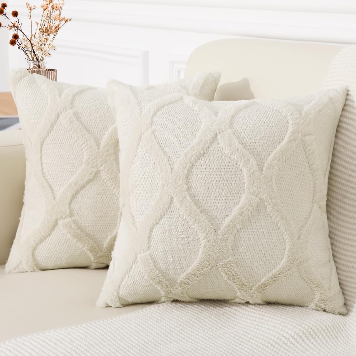 decorUhome Summer Euro Sham Throw Pillow Covers 22x22 Inch Set of 2, Soft Plush Faux Fur Wool Beige Accent Couch Pillow Covers for Modern F…