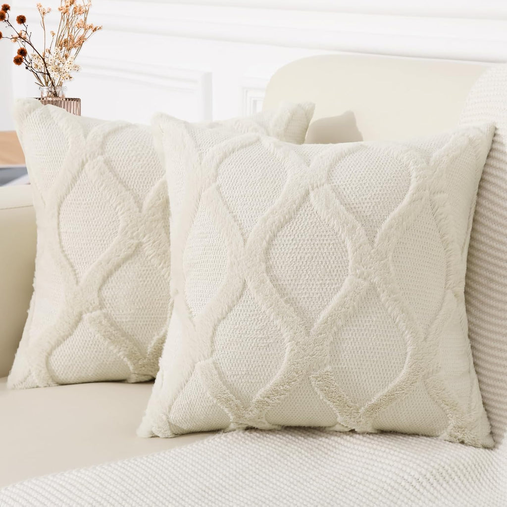 decorUhome Summer Euro Sham Throw Pillow Covers 26x26 Inch Set of 2, Soft Plush Faux Fur Wool Beige Accent Couch Pillow Covers for Modern F…