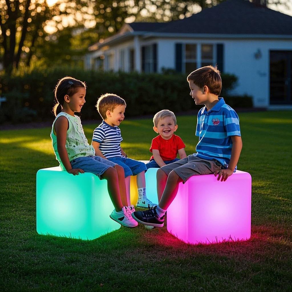 Mr.Go 14-Inch Color Changing LED Cube Light Stool, Glow Cube Seat for Kids, Modern LED Light Side Table, 16 RGB Colors Mood Lighting…