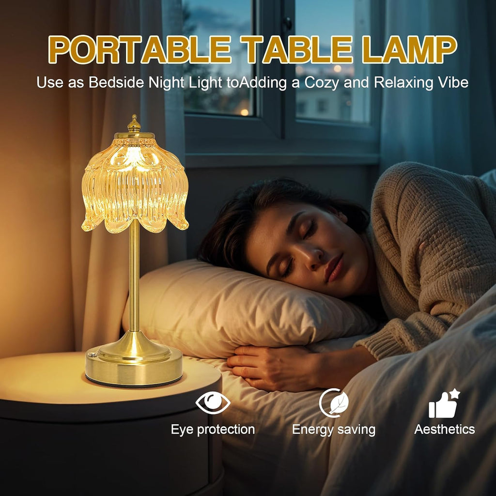 Cordless Lotus Flower Table Lamp, 5200mAh Rechargeable Battery Operated Portable Lamp, 3-Color Dimmable Touch Control Small Desk Lamp for…