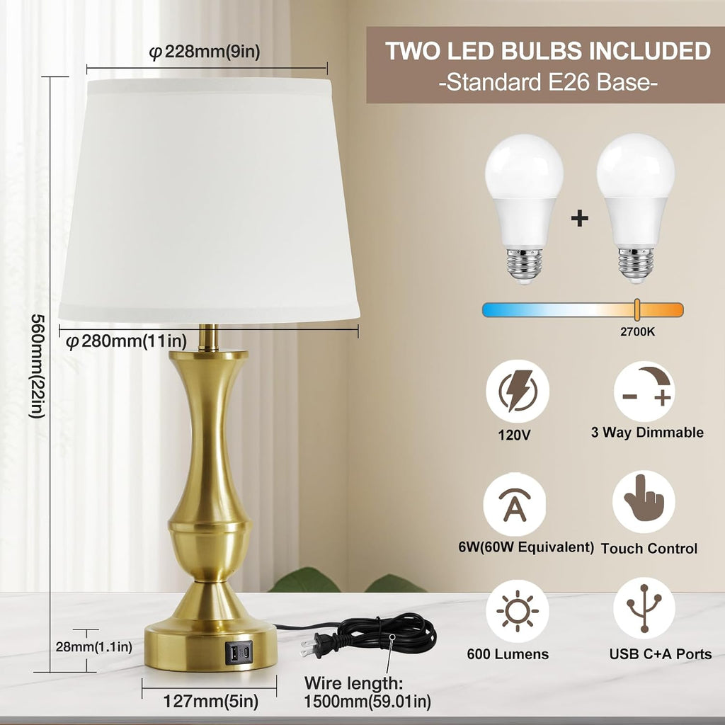 Luvkczc 22" Gold Table Lamps Set of 2 - Modern Luxury Bedside Lamps with White Fabric Shade, Dimmable & Dual USB C+A Ports, Nightstand…