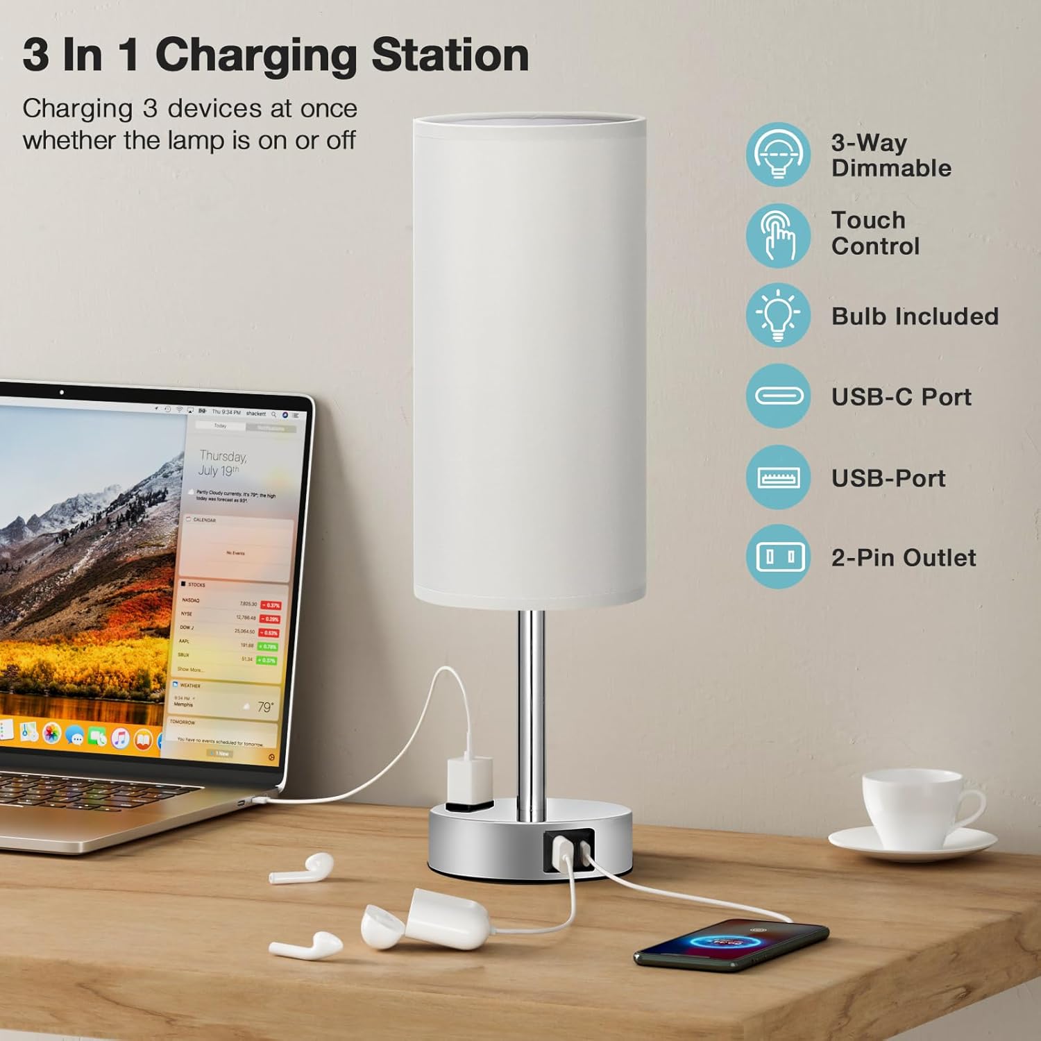 Fenmzee Light Grey Table Lamp for Nightstand - 3 Way Dimmable Touch Bedside Lamp USB C and A Charging Ports and AC Outlet, Small Desk…