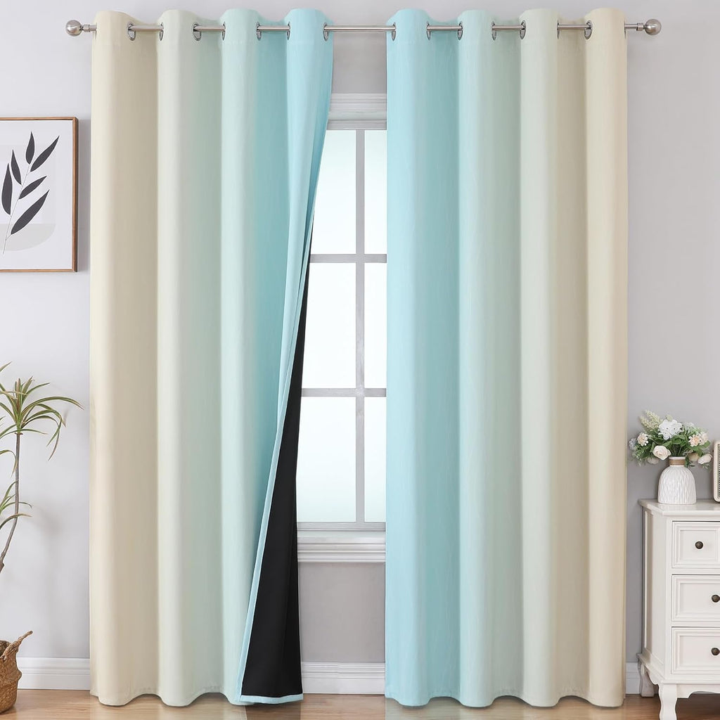 Estelartextiler Estelar Textiler Beige and Aqua Ombre Blackout Curtains 90 Inch Length 2 Panels Set, Thermal Insulated Drapes for Bedroom,…