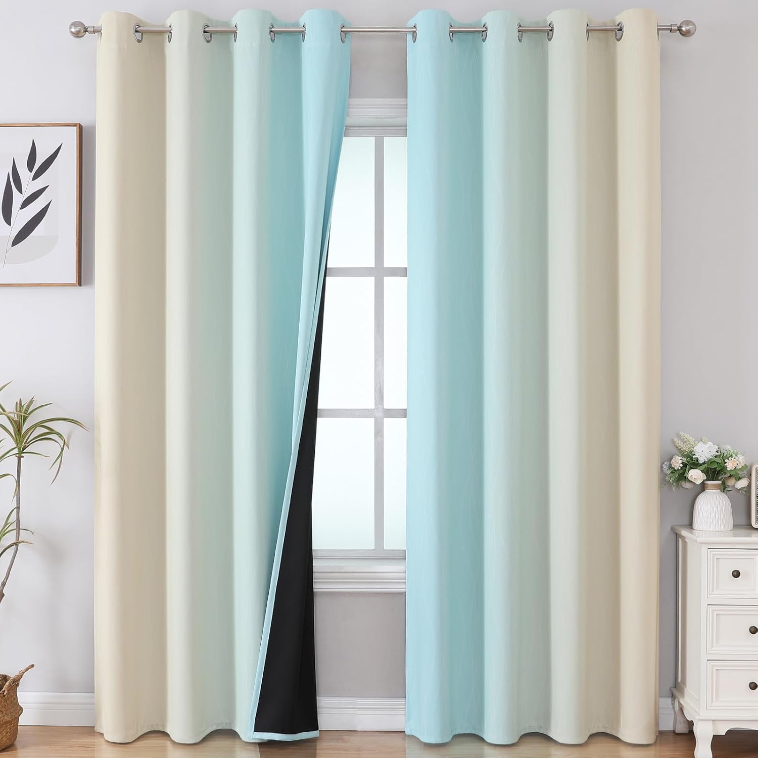 Estelartextiler Estelar Textiler Beige and Aqua Blackout Curtains for Bedroom, Thermal Insulated Drapes 108 Inches Long, Full Light Blockin…