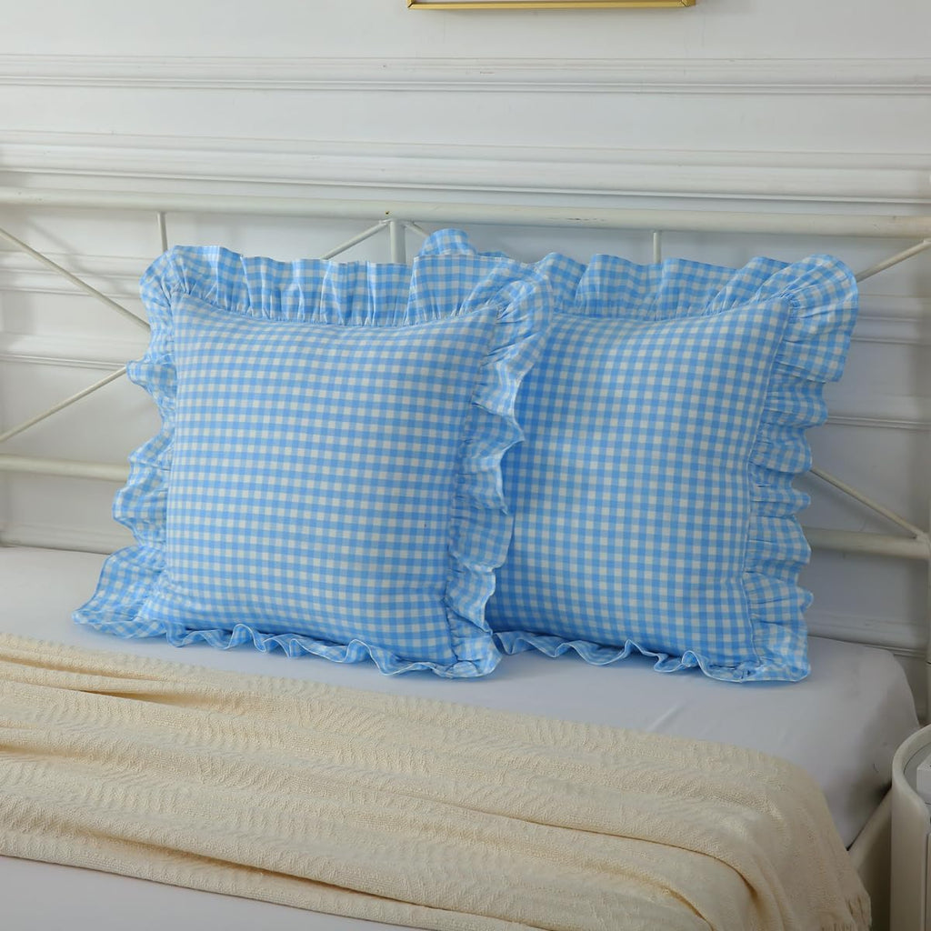 Mywinlle 2 Pack Vintage Sky Blue Plaid Ruffle Throw Pillow Covers, Washed Cotton Checkered Gingham Pillow Covers 20"x20" for Sofa, Couch, Bed…